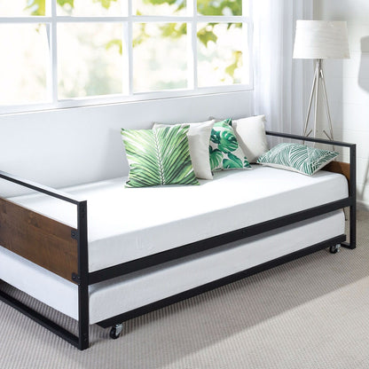 Marco de cama de día de metal y madera tamaño Twin con cama nido extraíble