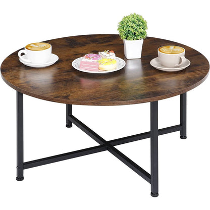 Mesa de centro industrial redonda moderna con tapa de madera marrón rústica