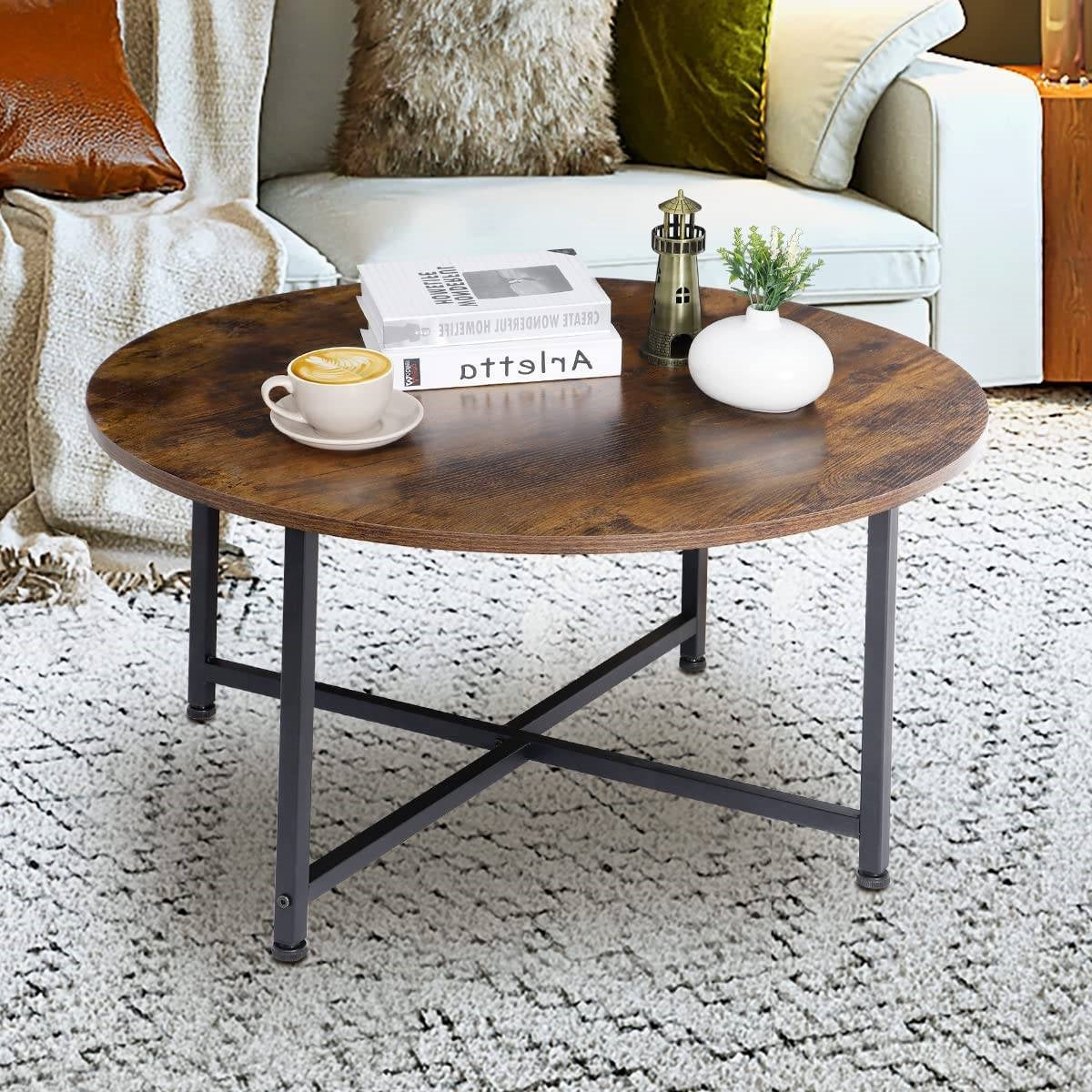 Mesa de centro industrial redonda moderna con tapa de madera marrón rústica