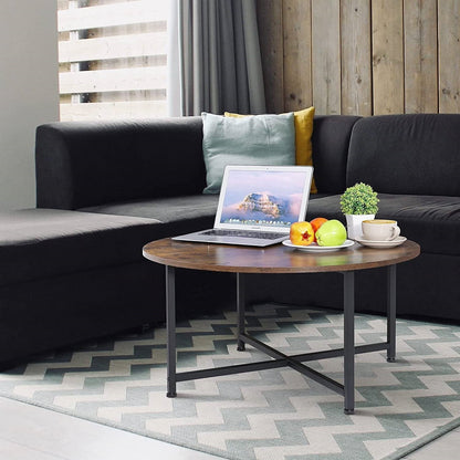 Mesa de centro industrial redonda moderna con tapa de madera marrón rústica