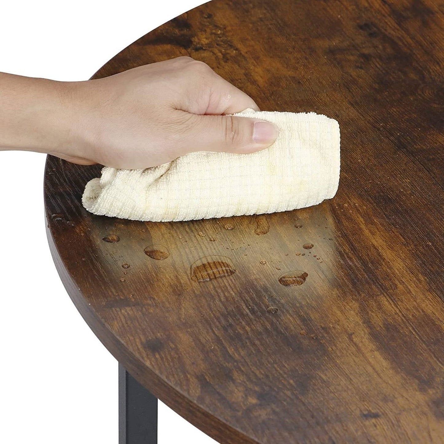 Mesa de centro industrial redonda moderna con tapa de madera marrón rústica