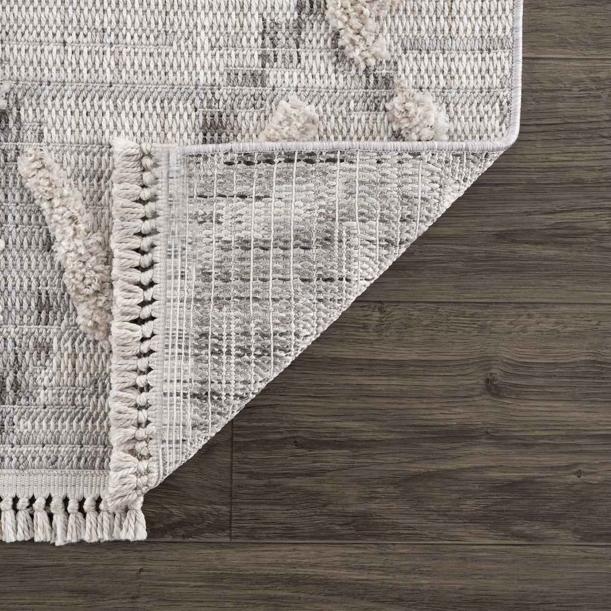 Bogtong High-Low Rustic Rug, neutral gray-beige with chunky tassel fringe, Boutique Rugs on Tampa Home & Garden Store