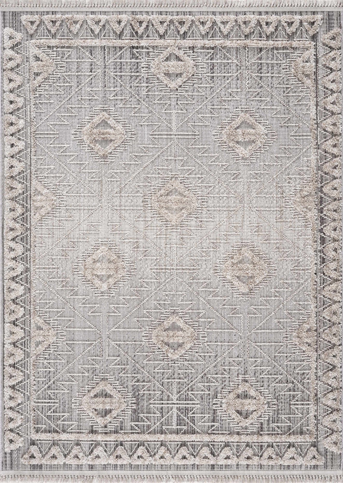 Agoo High-Low Pile Rustic Rug in gray beige with geometric diamond pattern Boutique Rugs on Tampa Home & Garden Store