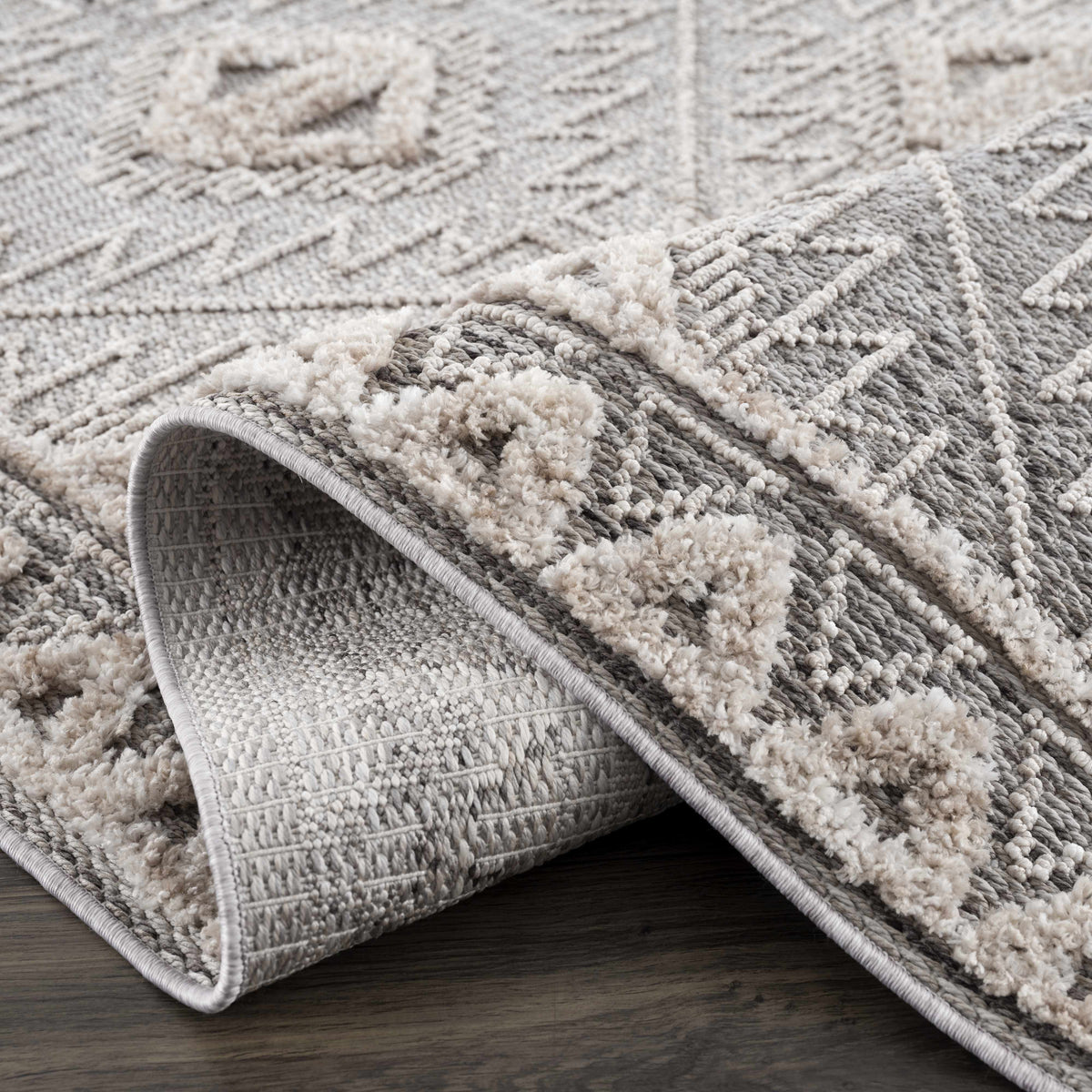 Agoo High-Low Pile Rustic Rug gray beige high-low pile with fringe Boutique Rugs on Tampa Home & Garden Store