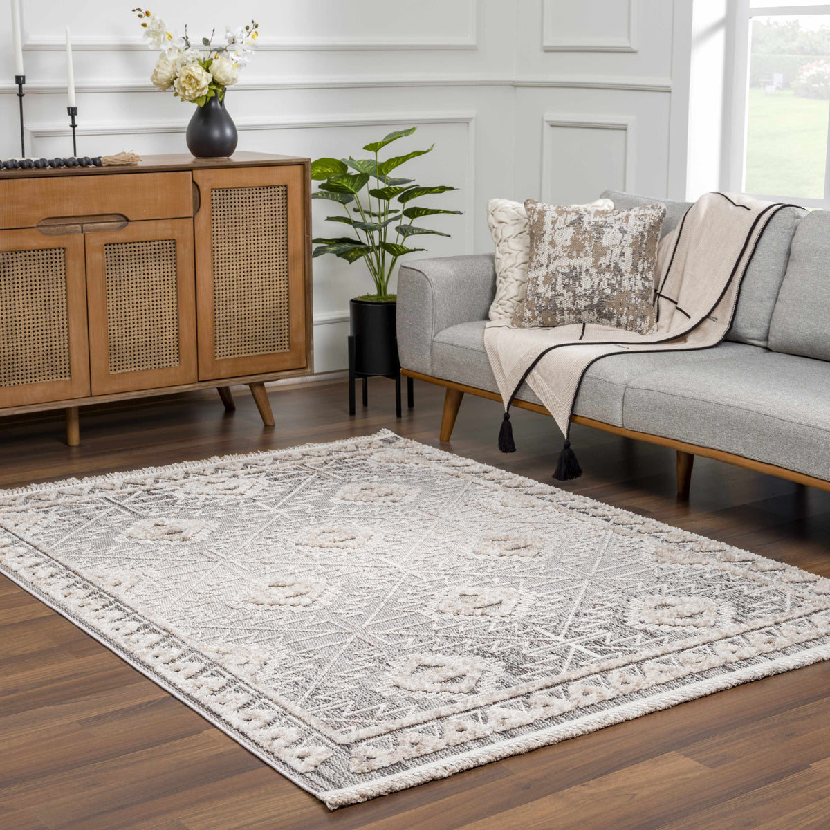 Agoo High-Low Pile Rustic Rug in beige with textured geometric motif Boutique Rugs on Tampa Home & Garden Store
