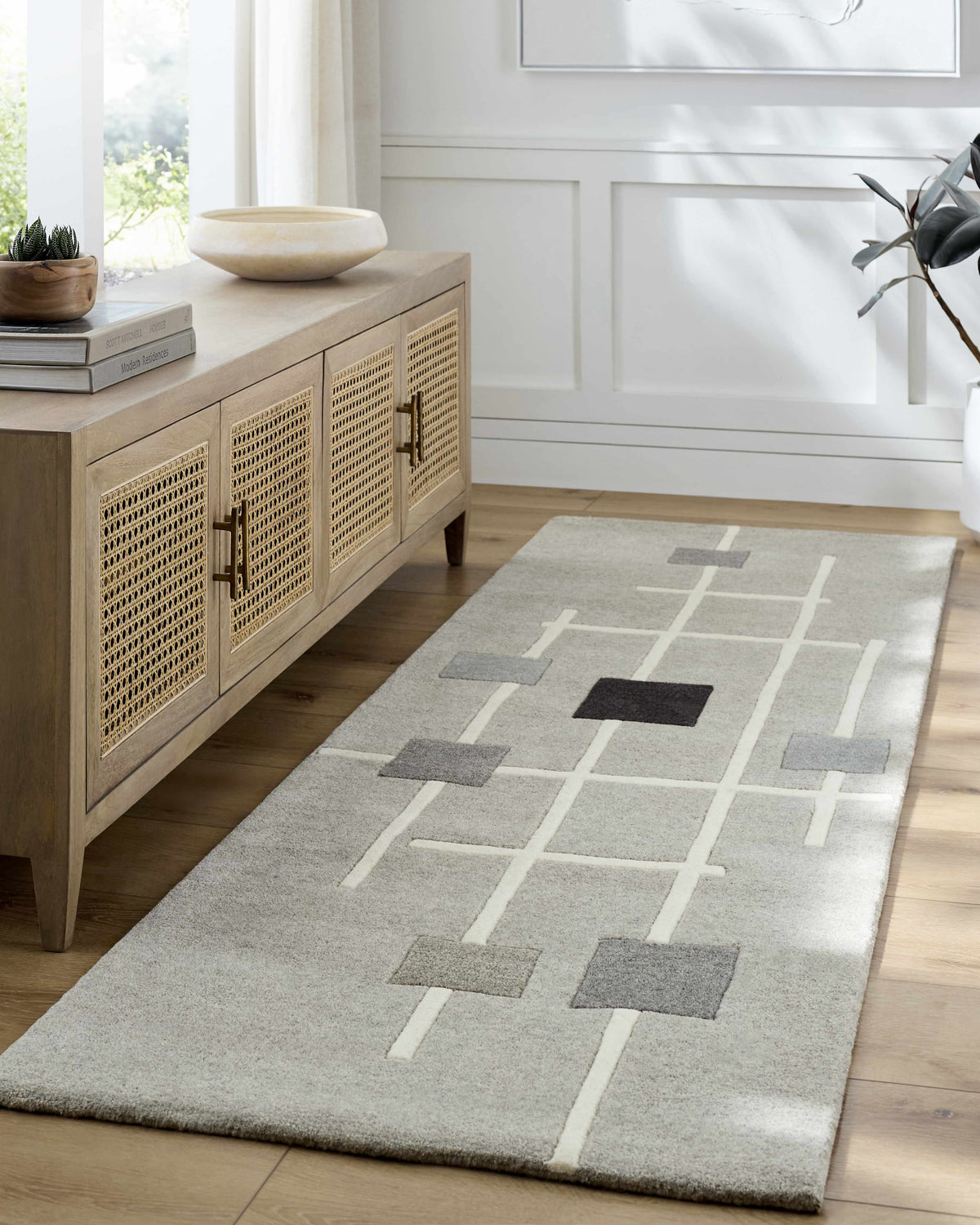 Usman Modern Wool Rug light gray with white geometric grid pattern Boutique Rugs on Tampa Home & Garden Store