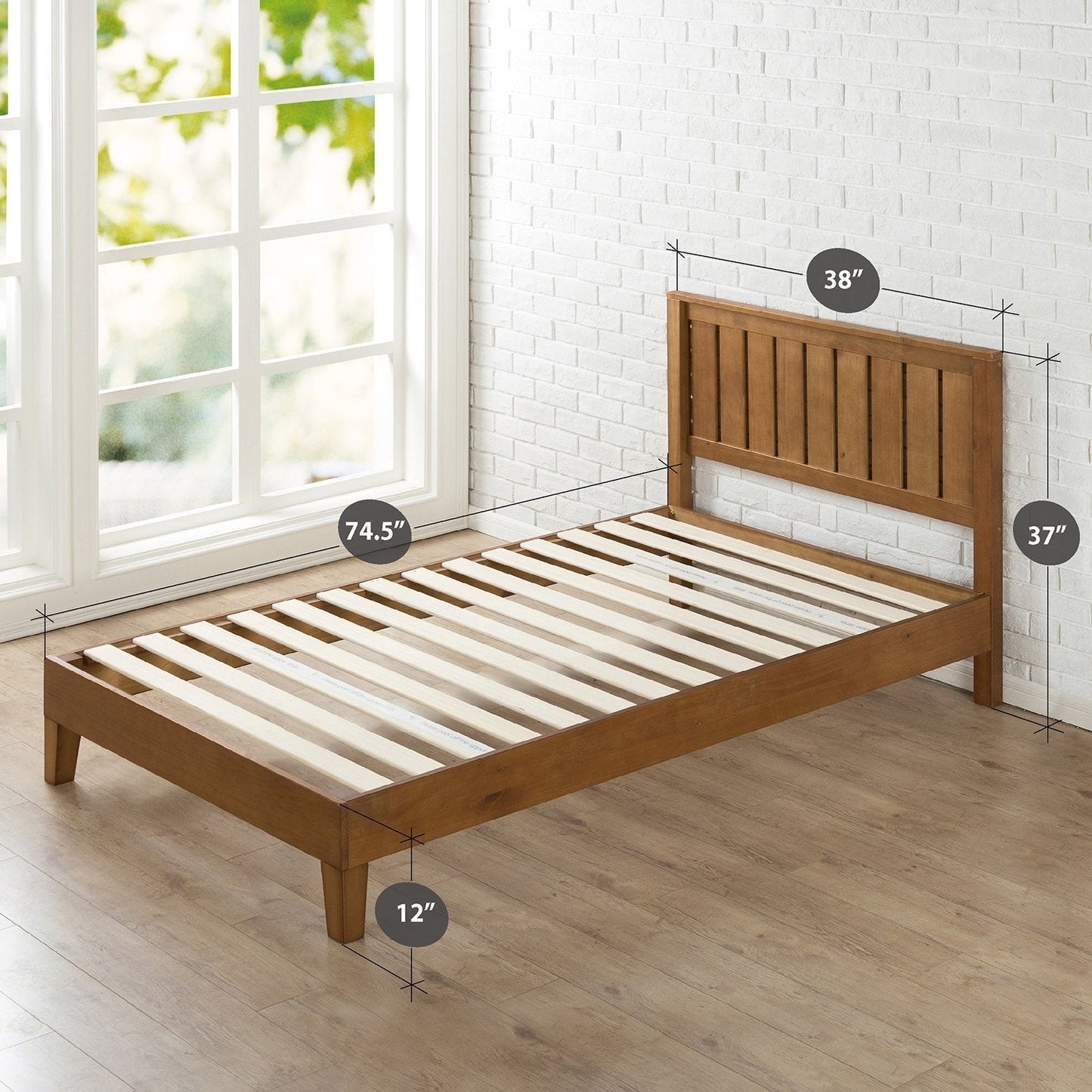 Base de cama de plataforma doble de madera maciza con cabecero en acabado marrón medio