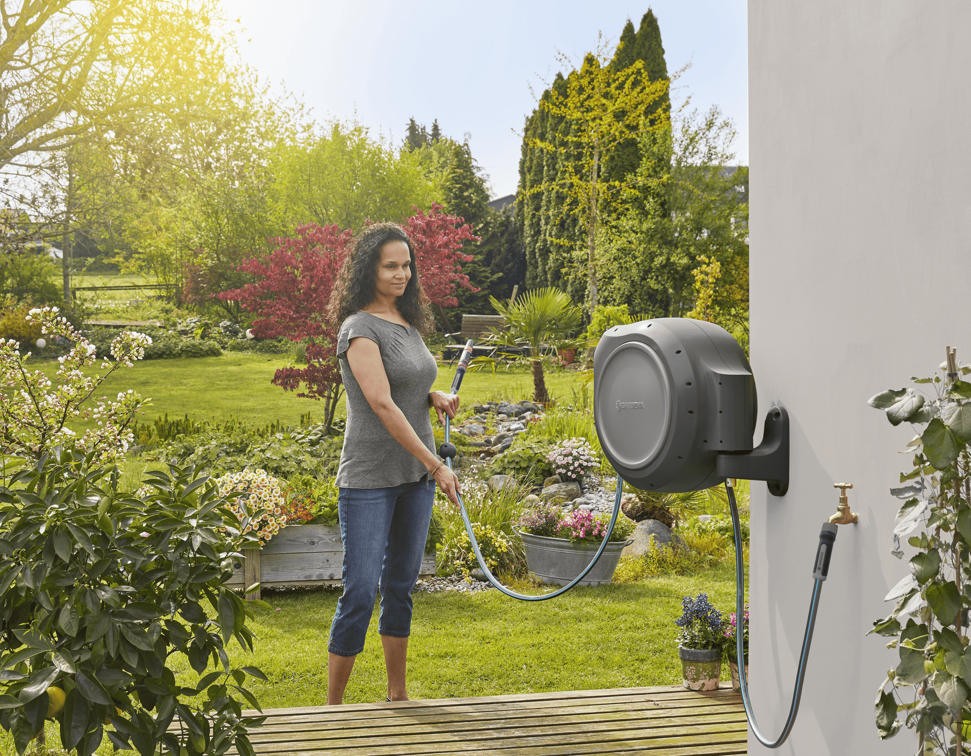 Gardena Retractable Hose Reel RollUp 50 ft gray wall-mounted auto retracting hose ready-to-use on Tampa Home & Garden Store