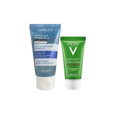 Vichy Dercos shampoo and Normaderm cleansing gel, blue and green tubes, Beauty Care Bag on Tampa Home & Garden Store