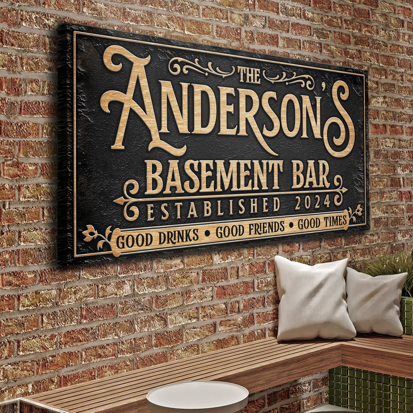 Custom Basement Bar Sign III canvas with gold lettering on black background by Tailored Canvases on Tampa Home & Garden Store