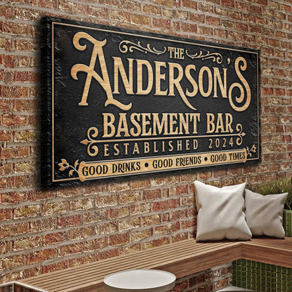 Custom Basement Bar Sign III canvas with gold lettering on black background by Tailored Canvases on Tampa Home & Garden Store