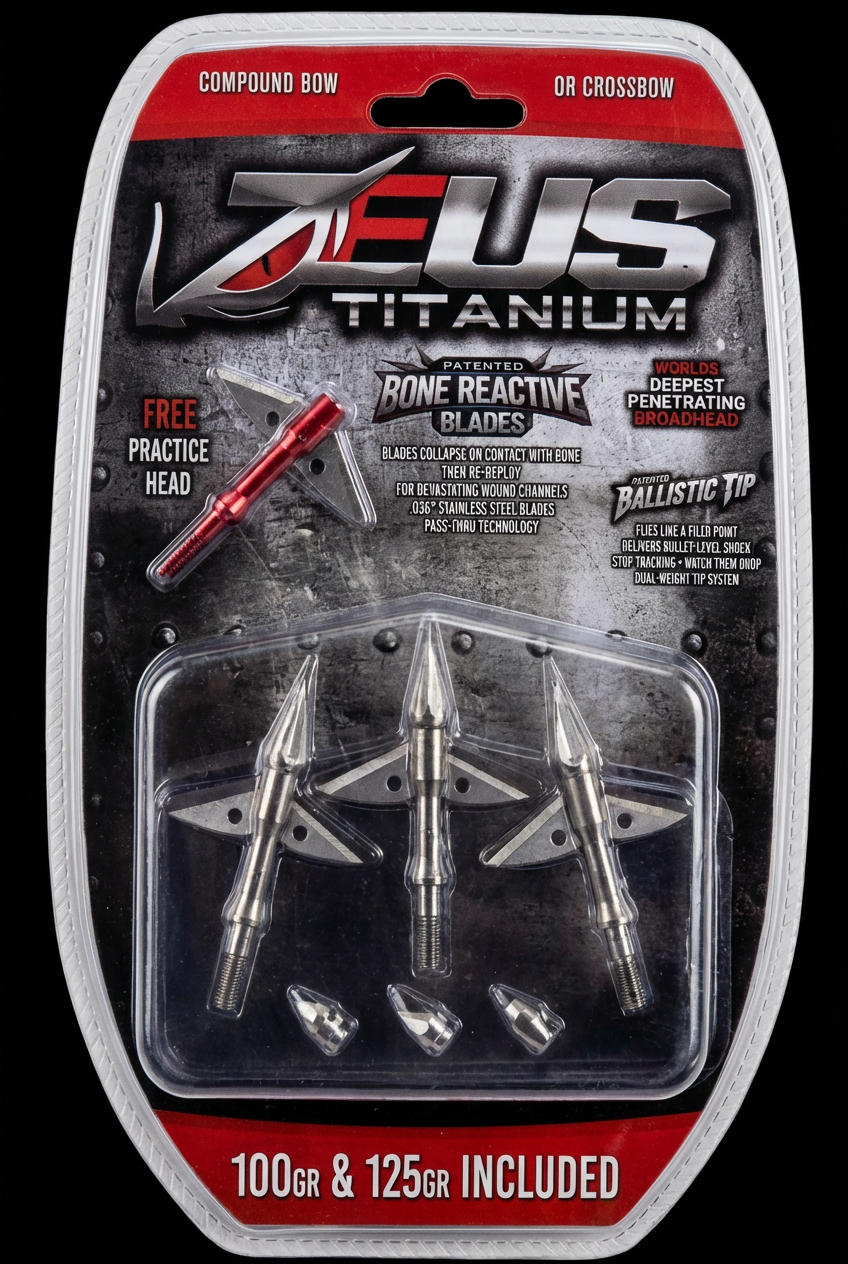 ZEUS TITANIUM Broadheads (3-pack) with free practice head, 100/125 gr tips by Killz Products on Tampa Home & Garden Store