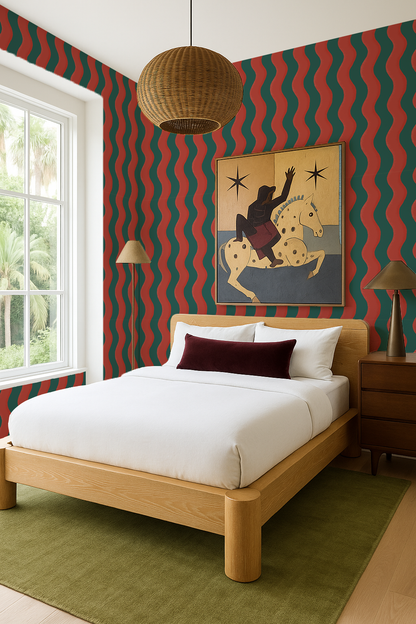 Ziggy Stripe Wallpaper, dark teal and brick red - Tampa Home & Garden Store