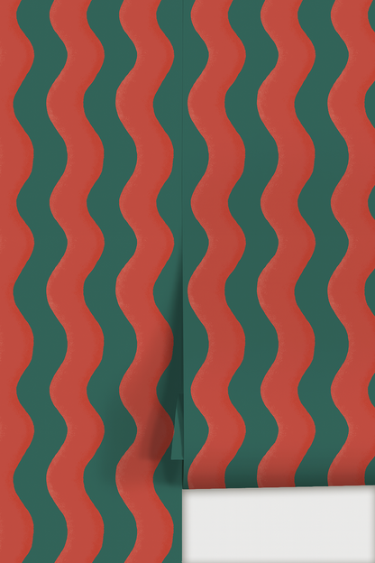Ziggy Stripe Wallpaper, dark teal and brick red - Tampa Home & Garden Store
