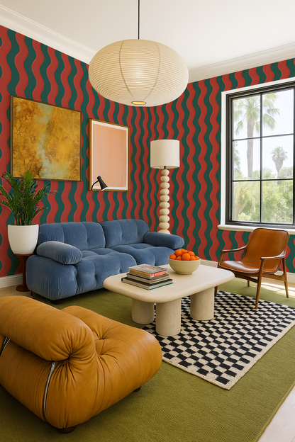 Ziggy Stripe Wallpaper, dark teal and brick red - Tampa Home & Garden Store