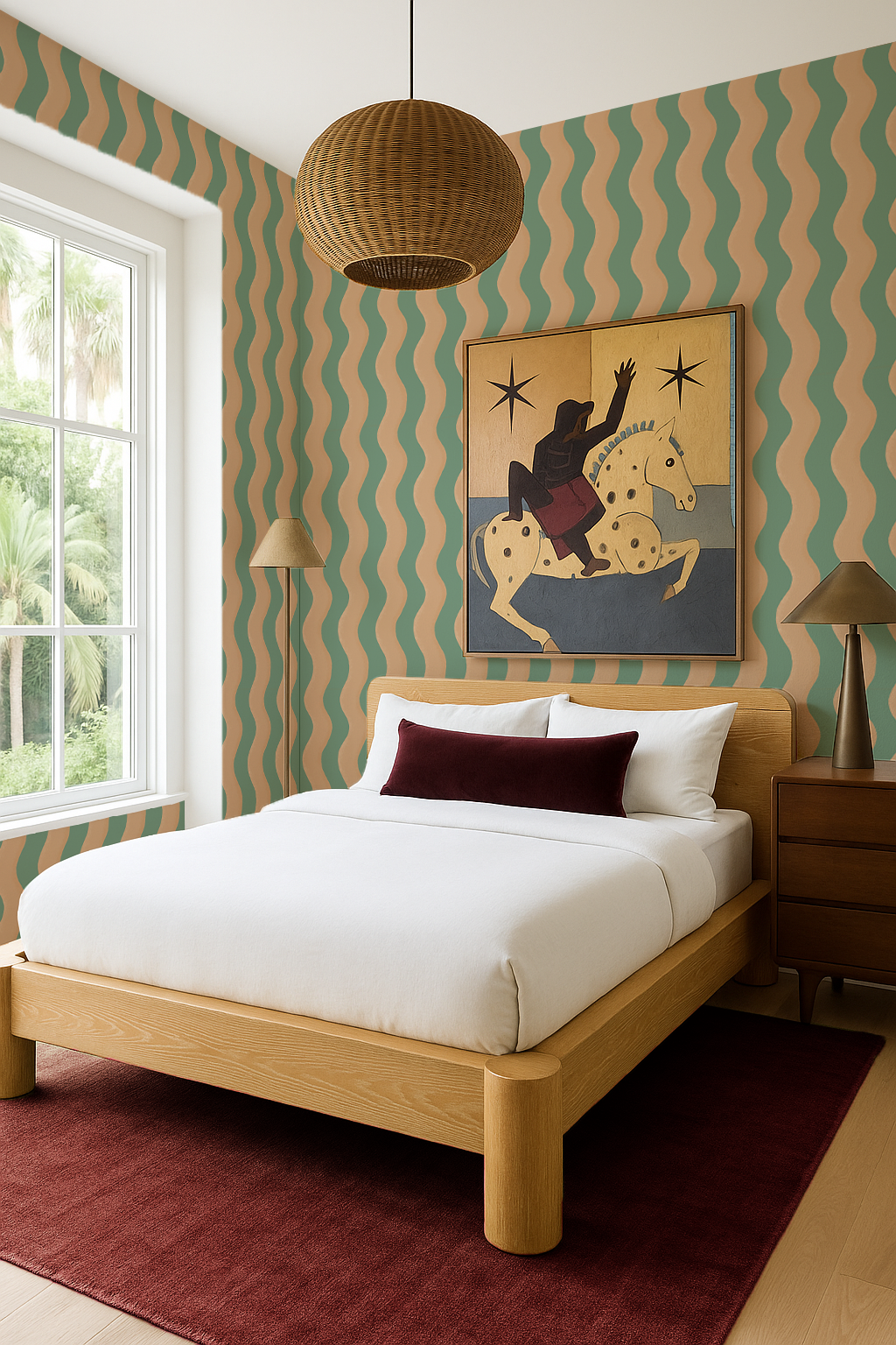 Ziggy Stripe Wallpaper, teal and apricot - Tampa Home & Garden Store