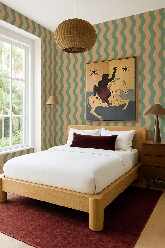 Ziggy Stripe Wallpaper, teal and apricot - Tampa Home & Garden Store