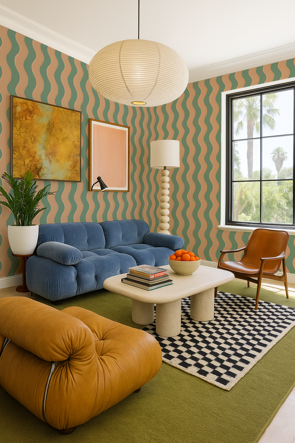 Ziggy Stripe Wallpaper, teal and apricot - Tampa Home & Garden Store