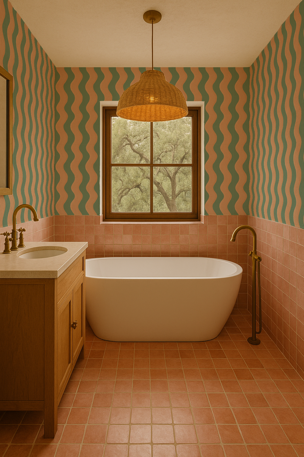 Ziggy Stripe Wallpaper, teal and apricot - Tampa Home & Garden Store