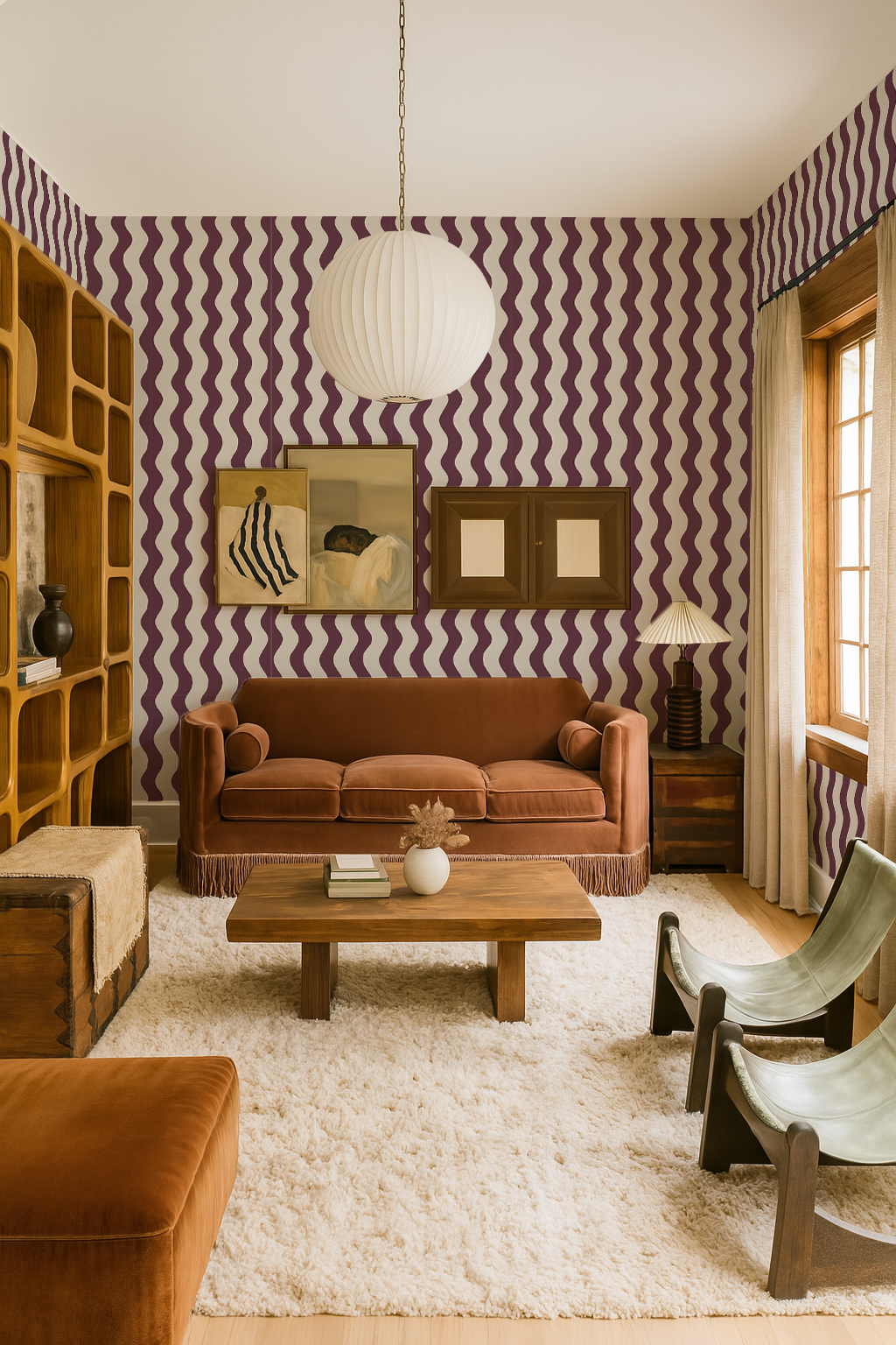 Ziggy Stripe Wallpaper, white and basil purple - Tampa Home & Garden Store
