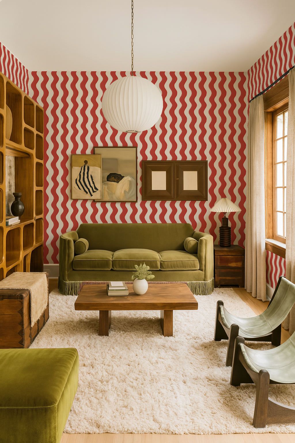 Ziggy Stripe Wallpaper, white and brick red - Tampa Home & Garden Store