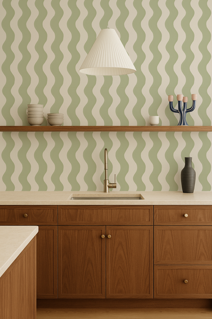 Ziggy Stripe Wallpaper, white and dusty lime - Tampa Home & Garden Store