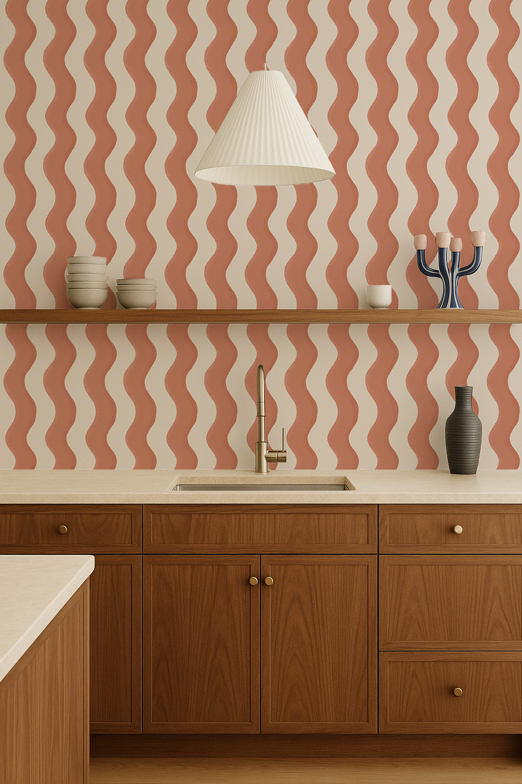 Ziggy Stripe Wallpaper, white and terra cotta - Tampa Home & Garden Store