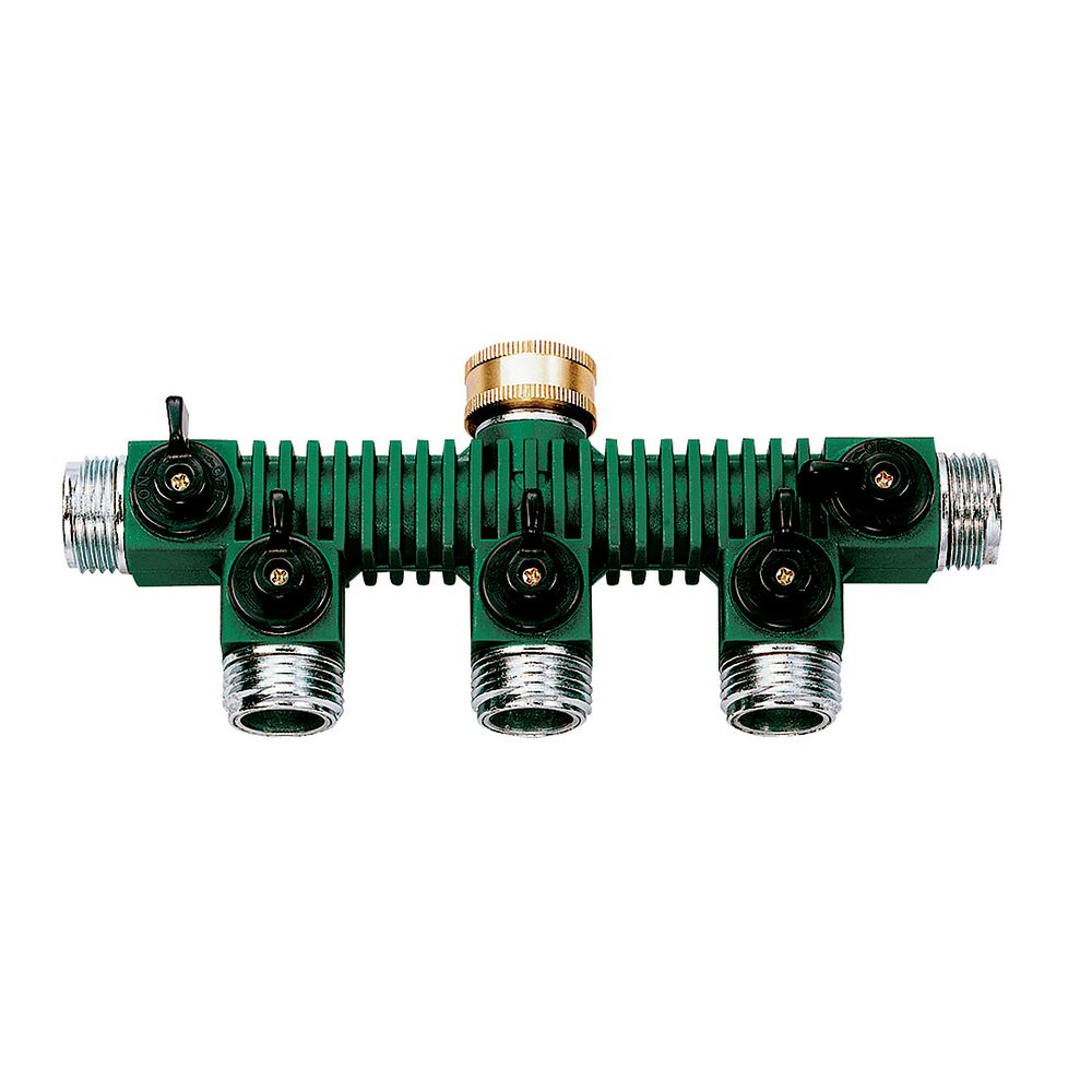 Zinc 5-Way Shut-Off Hose Manifold Orbit Irrigation green manifold with five hose outlets on Tampa Home & Garden Store