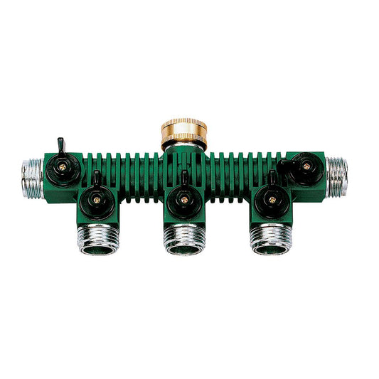 Zinc 5-Way Shut-Off Hose Manifold Orbit Irrigation green manifold with five hose outlets on Tampa Home & Garden Store