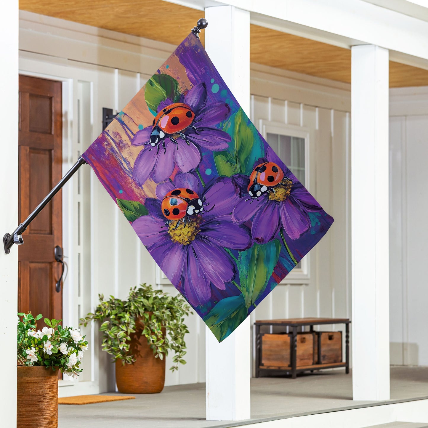 Zinnia & Ladybugs Suede House Flag - Tampa Home & Garden Store
