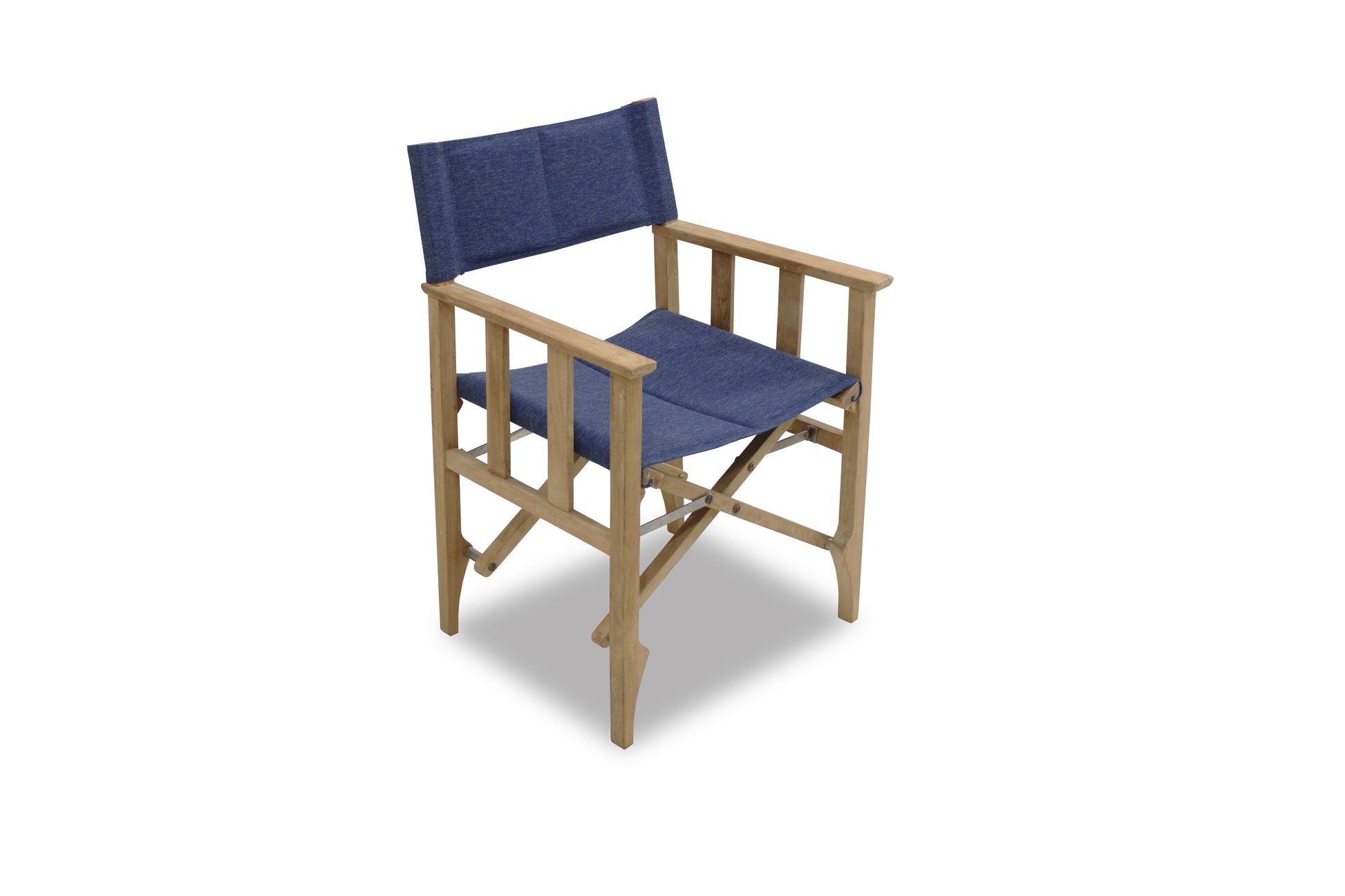 Zircon Teak Director Chair Blue Horizon fabric on natural teak frame LifestyleGarden US chair on Tampa Home & Garden Store