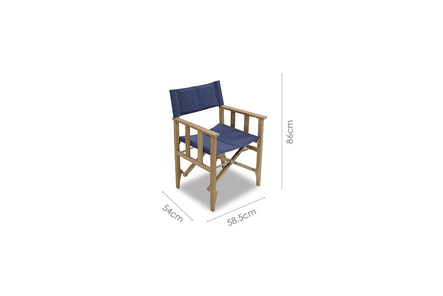 Zircon Teak Director Chair Blue Horizon, 1-piece teak, blue cushion, outdoor chair on Tampa Home & Garden Store