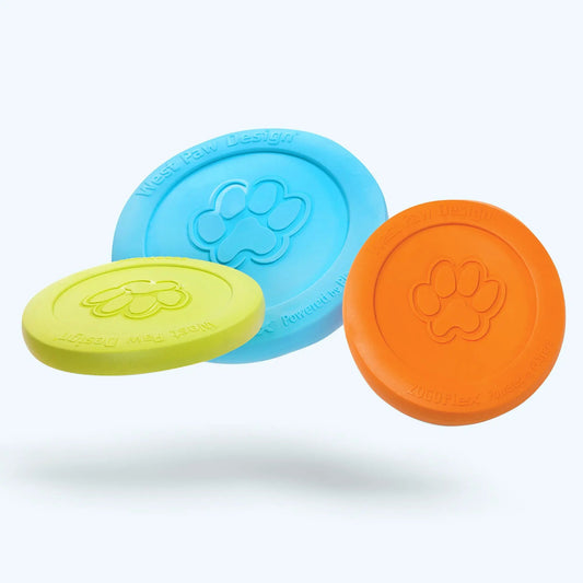 West Paw Zisc gentle flying disc dog toy in blue yellow and orange with paw logo on Tampa Home & Garden Store