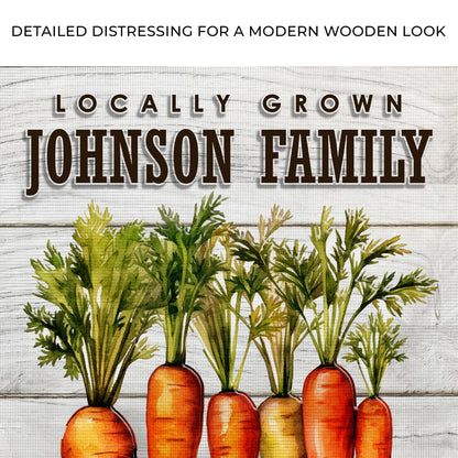 Locally grown carrot patch sign canvas with orange carrots and green tops on wood background on Tampa Home & Garden Store
