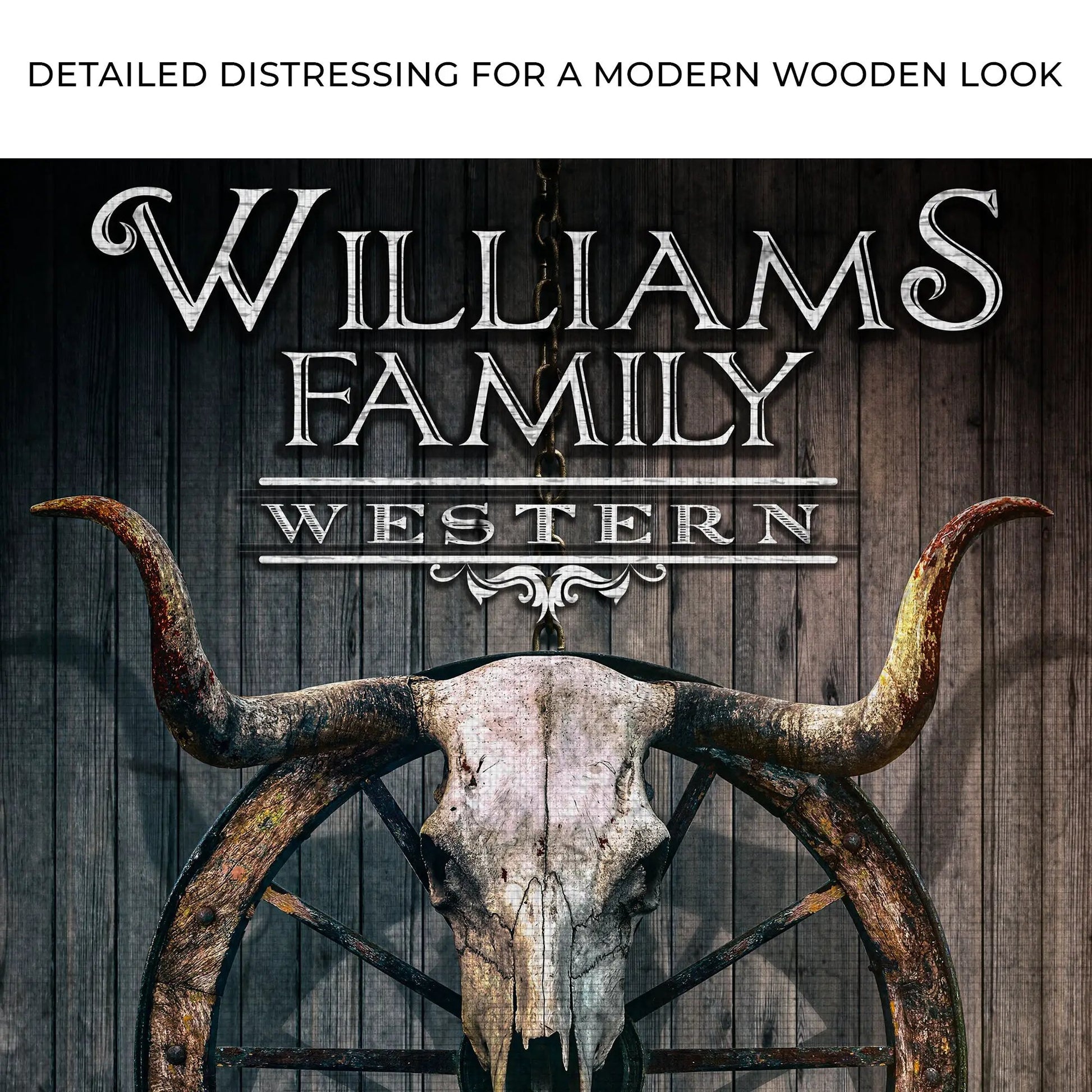 Western Cowboy Saloon Sign canvas with rustic wood backdrop and weathered steer skull on Tampa Home & Garden Store
