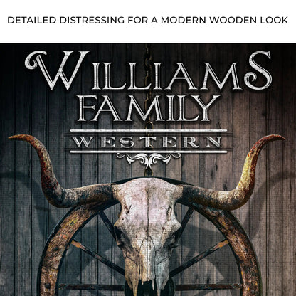 Western Cowboy Saloon Sign canvas with rustic wood backdrop and weathered steer skull on Tampa Home & Garden Store