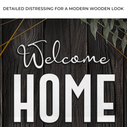 Canvas You Belong Here Welcome Home sign; white scripted Welcome on dark wood with gold accents on Tampa Home & Garden Store