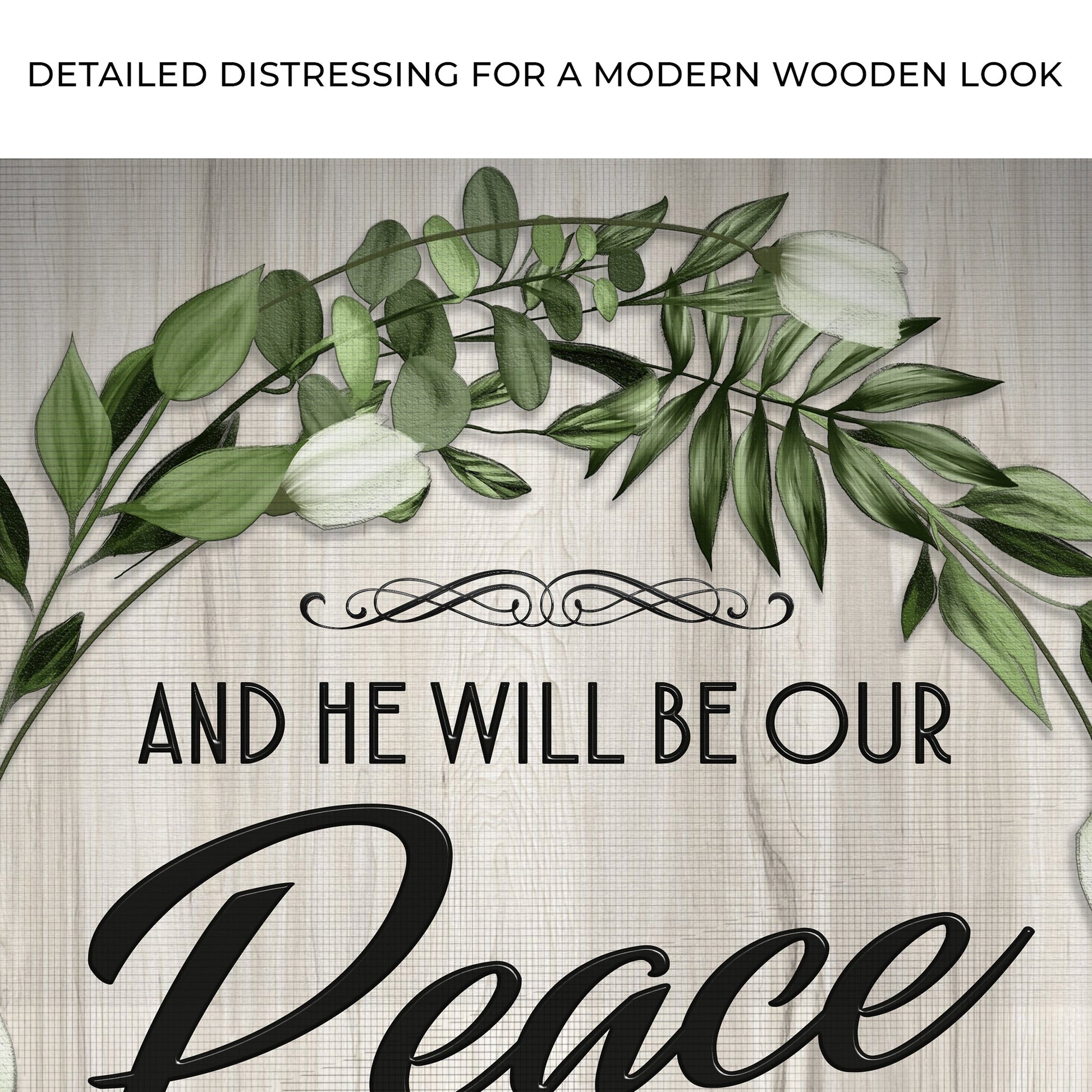 Micah 5:5 NIV scripture sign canvas with green eucalyptus leaf motif Tailored Canvases on Tampa Home & Garden Store
