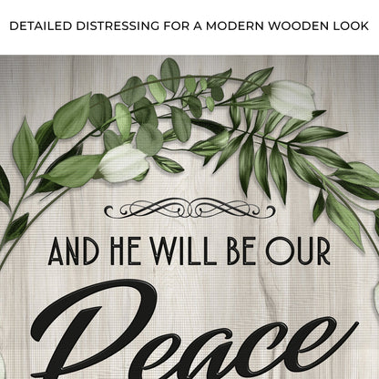 Micah 5:5 NIV scripture sign canvas with green eucalyptus leaf motif Tailored Canvases on Tampa Home & Garden Store