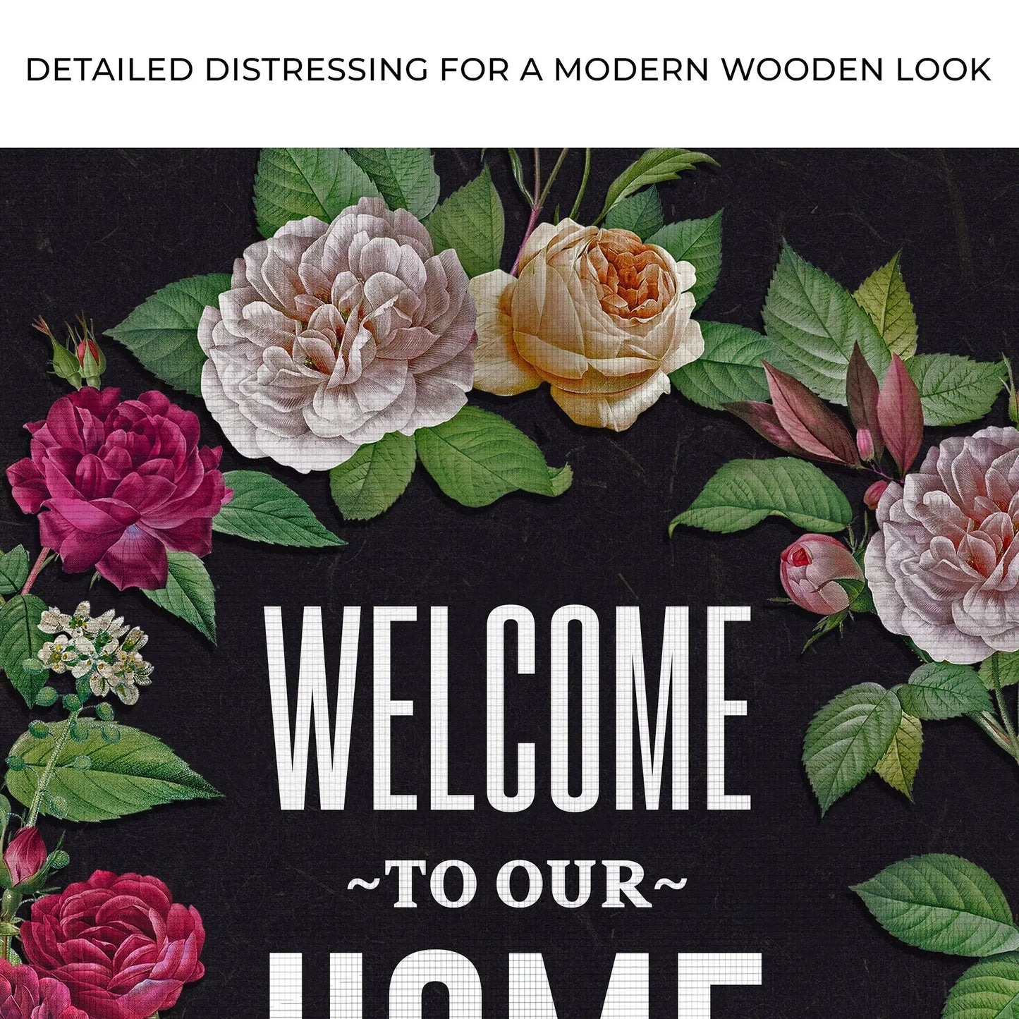 Welcome To Our Home floral entry sign canvas with pink roses on textured black background on Tampa Home & Garden Store