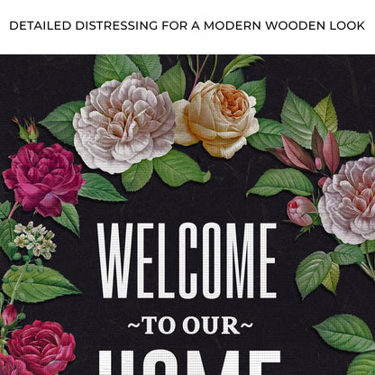 Welcome To Our Home floral entry sign canvas with pink roses on textured black background on Tampa Home & Garden Store