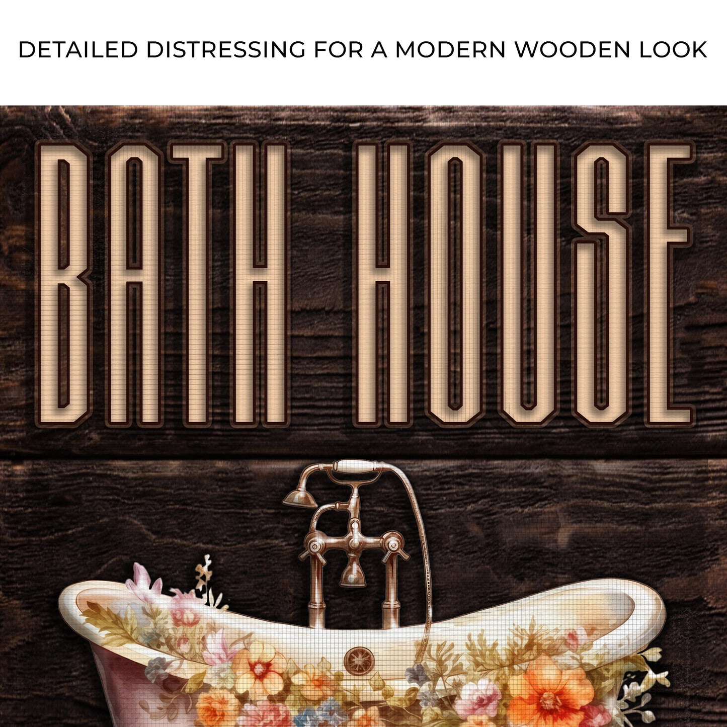 Rinse And Relax Bath House Sign canvas with BATH HOUSE lettering on dark wood and copper faucet on Tampa Home & Garden Store