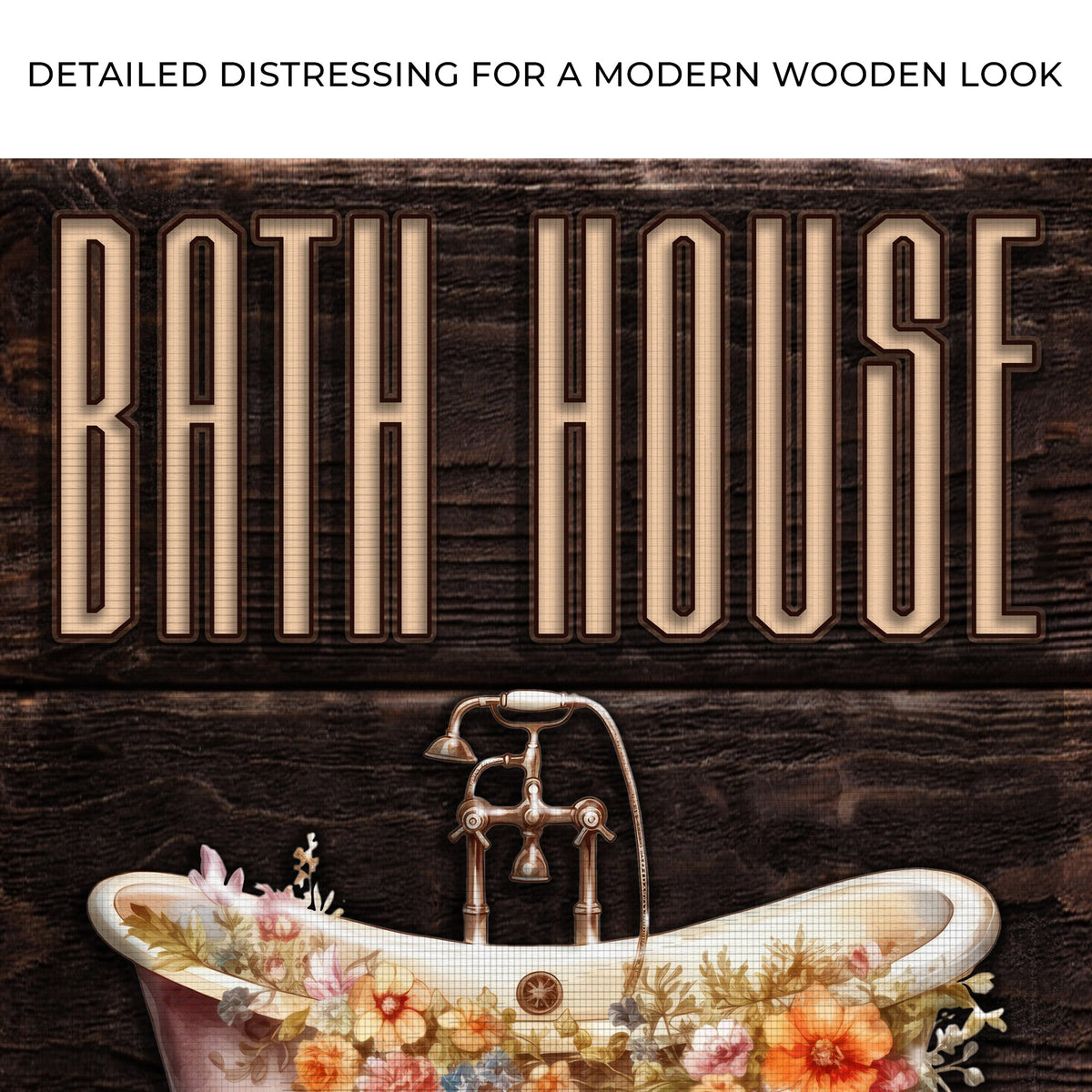 Rinse And Relax Bath House Sign canvas with BATH HOUSE lettering on dark wood and copper faucet on Tampa Home & Garden Store