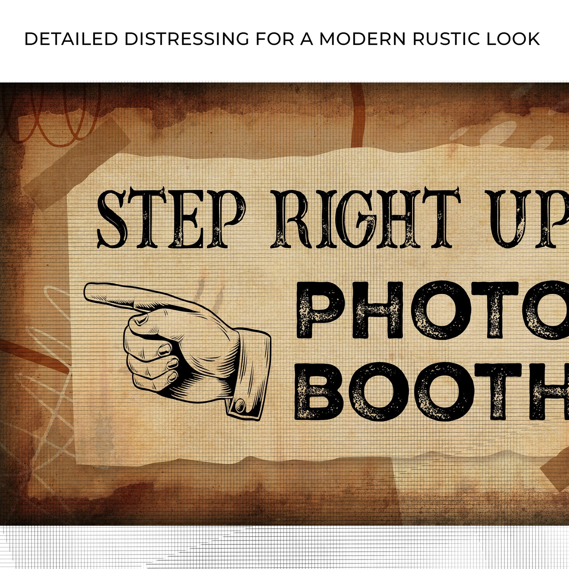 Step Right Up Photo Booth Sign canvas with aged lettering and pointing hand by Tailored Canvases on Tampa Home & Garden Store