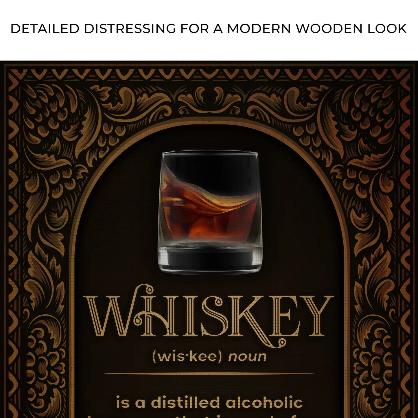 Whiskey Definition Sign canvas by Tailored Canvases; dark gold ornate border with whiskey glass on Tampa Home & Garden Store