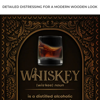 Whiskey Definition Sign canvas by Tailored Canvases; dark gold ornate border with whiskey glass on Tampa Home & Garden Store