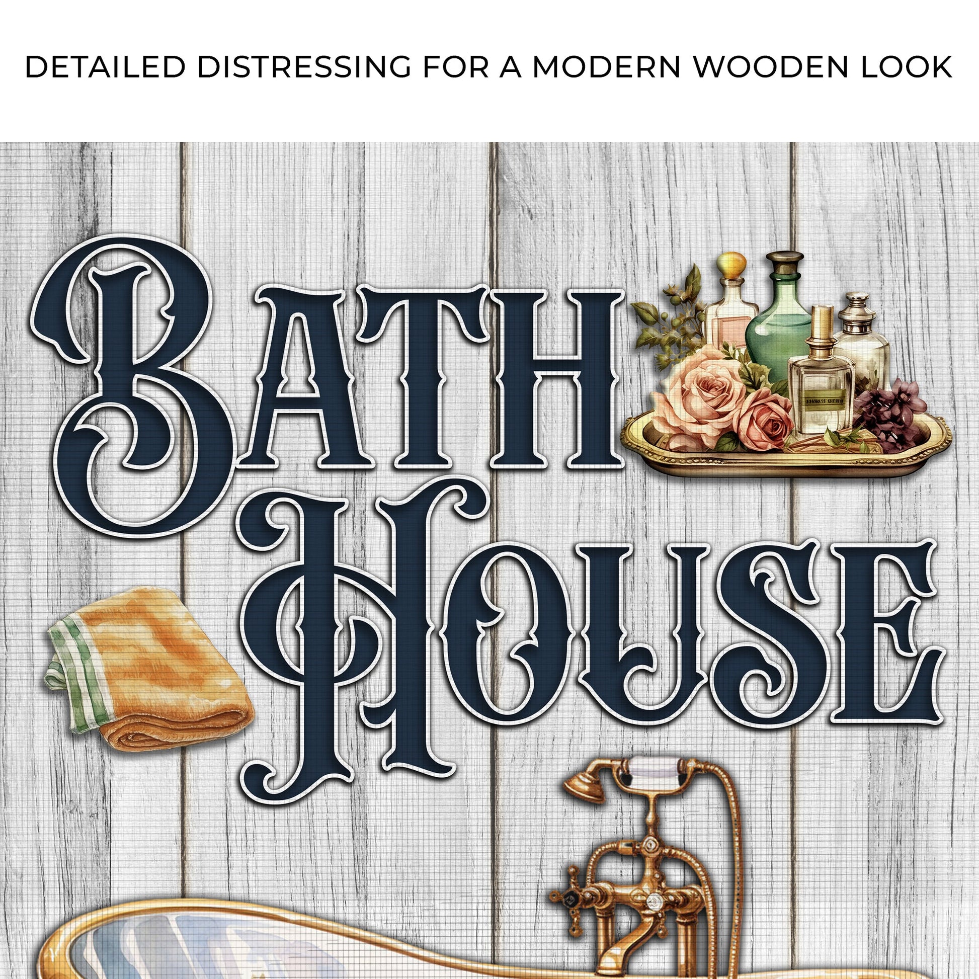 Bath House Sign Canvas with dark blue ornate lettering on weathered wood and roses on Tampa Home & Garden Store