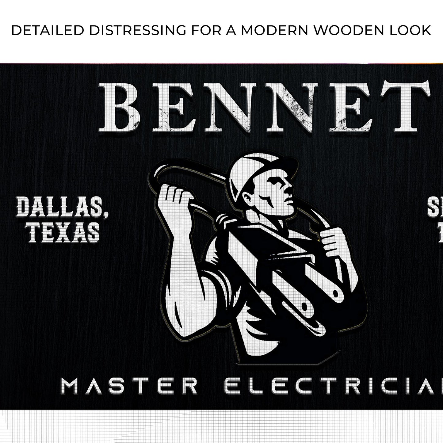 Master Electrician Sign canvas with bold white letters and vintage worker illustration on Tampa Home & Garden Store