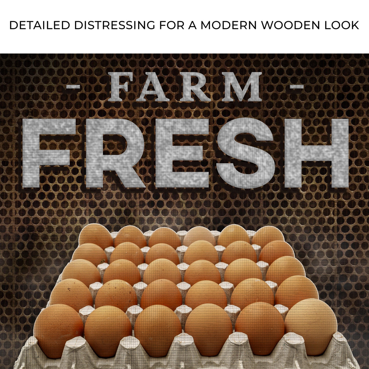 Sold Here Farm Fresh Eggs Sign on canvas by Tailored Canvases with brown perforated backdrop and egg carton on Tampa Home & Garden Store