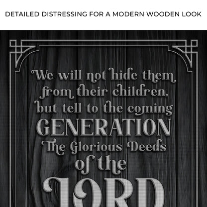 Canvas scripture sign Psalm 78:4-8 ESV with silver Art Deco border on dark wood background on Tampa Home & Garden Store